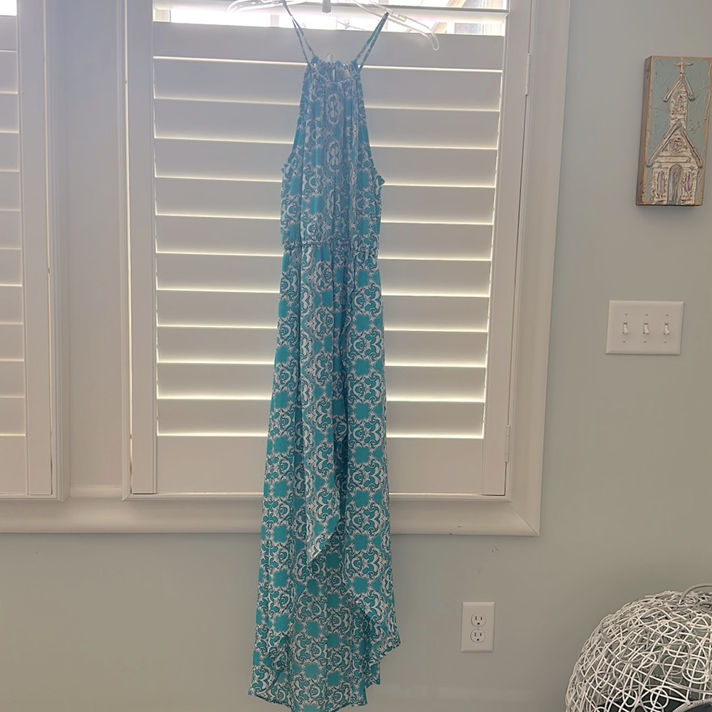 Turquoise and White Halter Dress, Short in the front, longer in the back